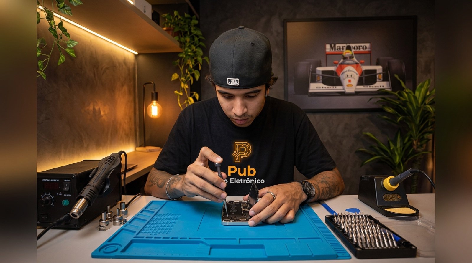 Técnico da Pub do Eletrônico fazendo reparo de celular na bancada